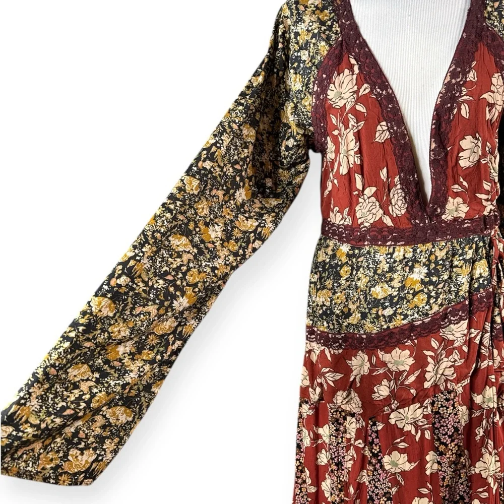 NWT FREE PEOPLE TILDA FLORAL PATCHWORK MAXI DRESS BOHO WRAP BELL SLEEVES SIZE L